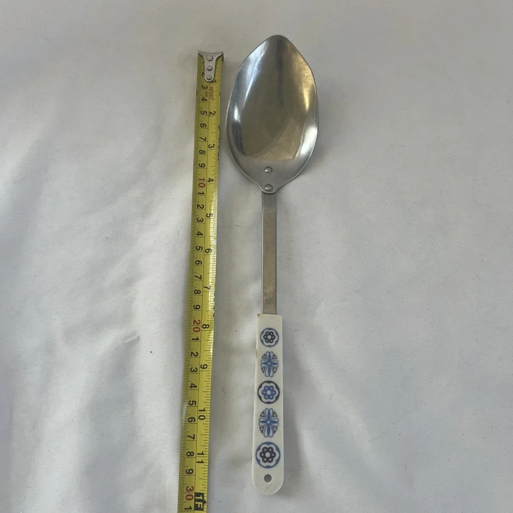 Vtg‎ Ace USA Stainless Large Serving Spoon Geometric Flower White Blue Purple